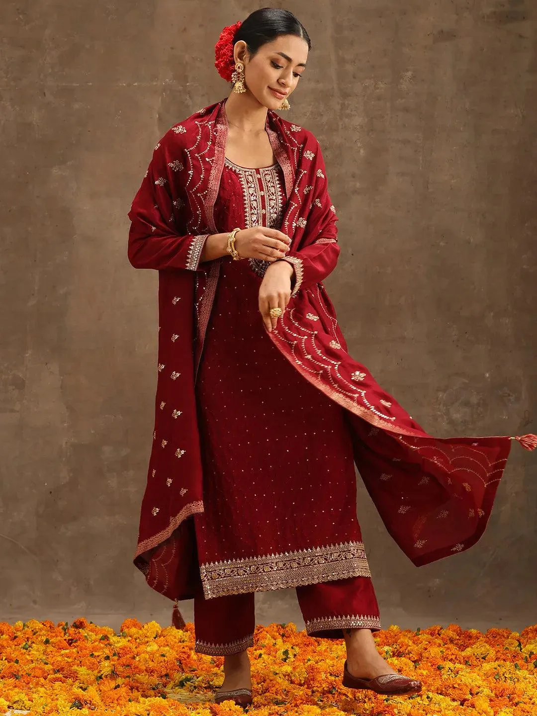 Libas Women's Embroidered Silk Blend Straight Suit Set